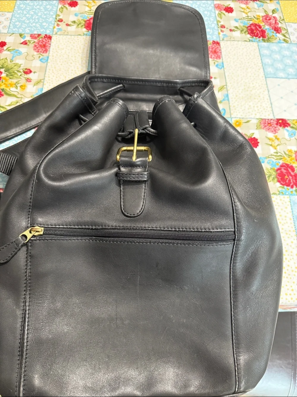 Coach Black Leather Backpack with Gold Buckle